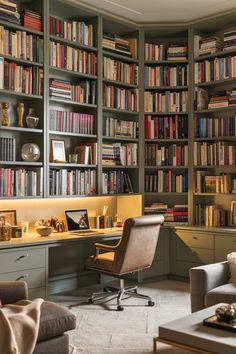 a home office with lots of bookshelves and furniture