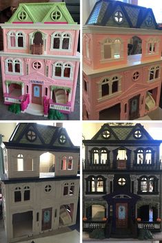 four different views of a doll house with all the windows and doors open to show what's inside