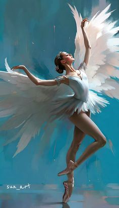 a painting of a ballerina with white wings on her body and feet, dancing