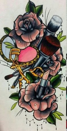 an image of a tattoo design with flowers and scissors on the left side of it