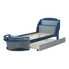 a bed with a blue headboard and foot board