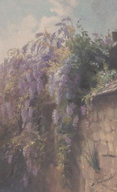 a painting of purple flowers growing on the side of a building