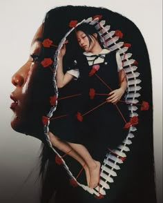 a woman's face is made up of paper flowers and strings as she sits in front of her head