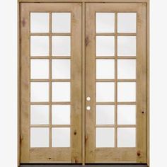 an open wooden door with glass panels on the front and side doors to both sides