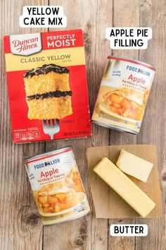 the ingredients for an apple pie are shown on a wooden table, including butter and cake mix