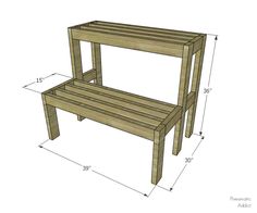 a wooden bench with measurements for the top and bottom section, including one shelf on each side