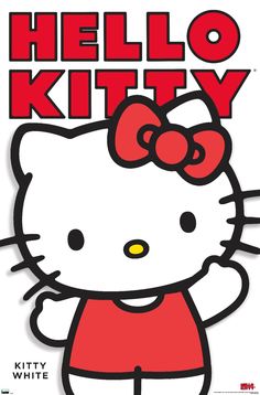 a hello kitty sticker with the words hello kitty written in red and white on it