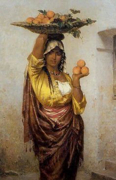 a painting of a woman holding a tray on her head with oranges on it