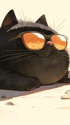 a black cat wearing sunglasses laying on top of a table