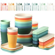 PRICES MAY VARY. Colored Wheat Straw Dinnerware Sets: the package includes 8 pieces square plates, 8 round plates, 8 bowls, 8 cups, 24 fruit forks and 8 boxes tableware which included forks, spoons, knives and chopsticks for each box; These unbreakable dinnerware sets come with 8 different colors, which is easy to distinguish and match Sturdy and Strong: these camping plates cups and bowls sets are made of natural wheat straw material, which is stronger than those plastic, glass and other materi Camping Dinnerware, Camping Plates, Fine Dinnerware, Kids Dishes, Rv Kitchen, Plastic Dinnerware, Plates And Bowls Set, Wheat Straw, Home Goods Decor