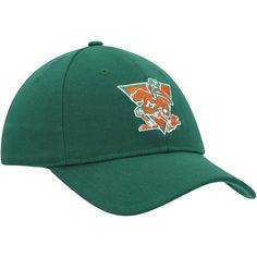 a green hat with an orange and white logo