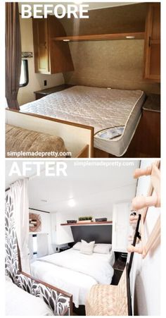 before and after photos of a camper's bedroom