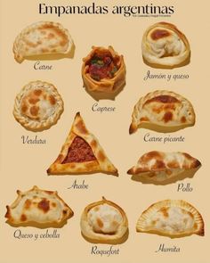 the different types of empanadas are shown in this poster, which shows how to make them