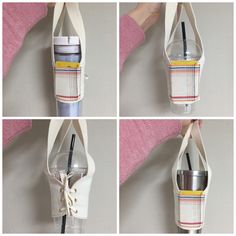 four pictures show how to make a cup holder from an empty bottle, and then put it in a reusable bag