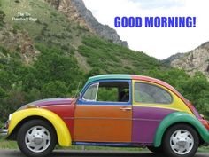 a multicolored beetle parked in front of a mountain