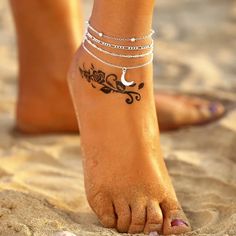 Sparkling Silver4 Piece Moon, Satellite, Figaro, Twisted Chain Anklet, Simple Anklet Set Length 9.5 Inch With Extender 4pcs. Set Anklet Tattoo, Coin Anklet, Anklet Tattoos, Foot Jewelry, Foot Tattoos, Anklet Bracelet, Chain Anklet, Anklet Jewelry, Moon Pendant