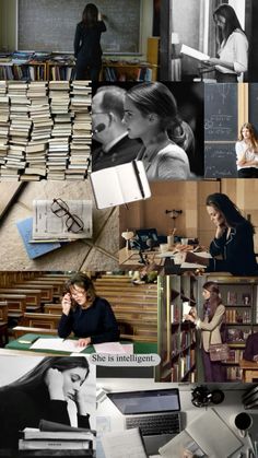 the collage has many different pictures and words on it, including people working at desks