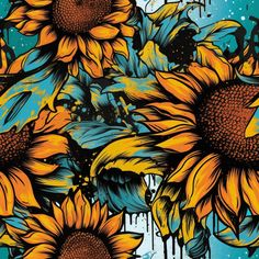 sunflowers with blue and yellow paint splattered on them