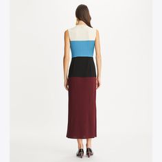 An easy dress for any occasion. The colorblocked column is crafted in a mix of stretch wool, mesh and matte jersey, giving it subtle texture. Ultra-versatile and wrinkle resistant, it is perfect for packing. Easy Dress, Wool Wrap, Mesh Skirt, Eyelet Dress, Silk Skirt, Wool Dress, Ladies Dress Design, Mesh Dress, Wrap Skirt