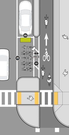 an overhead view of a street with cars and bicycles on the road, as well as arrows pointing in different directions