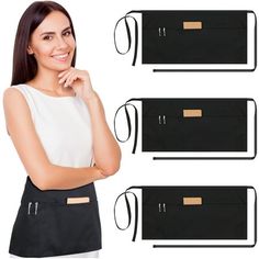 the woman is posing with her hand on her chin and three black purses behind her