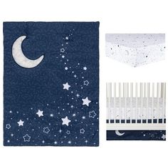 baby bedding set with stars and moon on the night sky, crib bumper