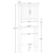 a tall white wooden cabinet with measurements