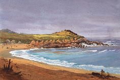 an oil painting of a beach with waves crashing on the shore