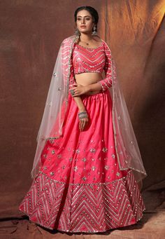 Buy Indian Wedding Lehenga Pink art silk mirror work lehenga choli 6313 online in USA, UK and Canada from KollyBollyEthnics.com Silk Saree For Reception, Saree For Reception, Pink Silk Saree, Reception Lehenga, Lehenga Online