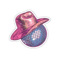 a sticker with a hat on top of a disco ball in pink and blue