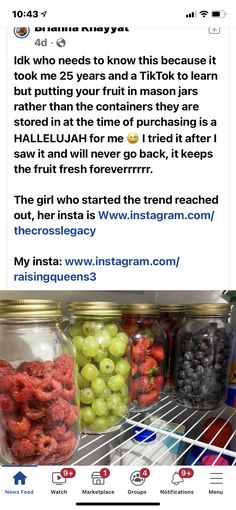 an instagram page on the app shows jars filled with berries and cherries