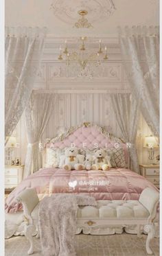 a white and pink bedroom with chandelier