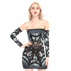 Horror Spider Web Off-shoulder Back Lace-up Dress - Wonder Skull Horror Spider, Back Design, Cross Straps, Spider Web, Back Strap, Pet Hair, Xl Dress, Criss Cross, Open Back