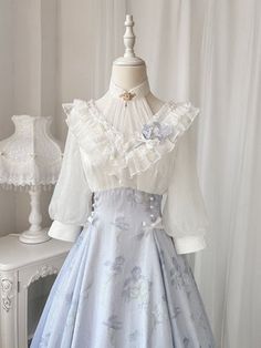 Light wisteria iris floral one piece – remulia Coquette Long Sleeve Dress, Blue And White China Pattern Dress, Princess Core Outfit Casual, Day Dresses Formal, Royalcore Outfit, Princess Outfits Royal, Flower Outfits, White And Blue Outfit, Early 20th Century Fashion