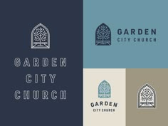 the garden city church logo is shown in three different colors and font styles, including blue,