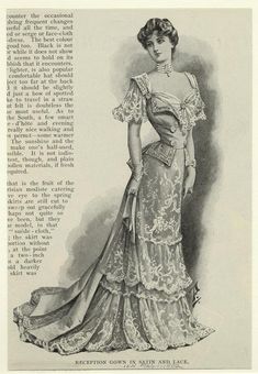 an old fashion magazine page with a woman in a long dress and lace on the skirt