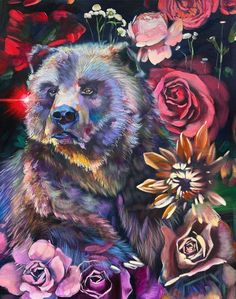 a painting of a bear surrounded by roses and other wildflowers on a black background