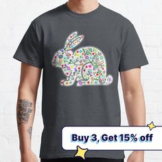 an image of a rabbit with flowers on it's chest and the text buy 3 get 15 % off