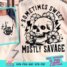 Tshirt design Snarky floral skull sarcastic design bundle "Sometimes Sweet Mostly Savage" for those who love adult humor with a bit of attitude. Perfect for sublimation and cutting machines to print on hoodies, t-shirts, sweatshirts, mugs, tumblers, hats, tote bags, stickers gifts and more!  Once your payment has been processed, hover over "Your Account" at the top right corner, then click "Purchases & Reviews". From here you will be able to download all available files. You will also receive an Free Cricut Svg, Funny Png, Skull Svg, Floral Skull, Flower Skull, Image Editing Software, Silhouette Studio Designer Edition, Svg Cricut, Gift Stickers