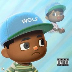 a cartoon character wearing a blue hat with the word wolf on it's side