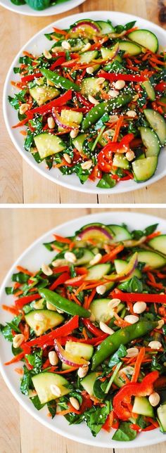 two plates filled with vegetables on top of a wooden table