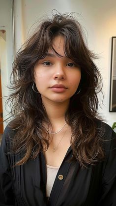 22 Front-Layered Haircuts for Long Hair: Where Elegance Meets Trend Lost Of Layers Haircut, Woman Shaggy Hair, Shaggy Perm Long Hair, Messy Face Framing Layers, 80s Style Haircut, Shag Haircut Long Hair Curtain Bangs, Shaggy Side Part, Lot Of Layers Haircut, Big Round Face Hairstyles