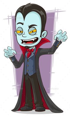 a cartoon dracula with his arms out and eyes wide open, standing in front of a purple