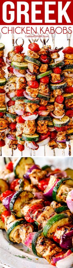 grilled chicken kabobs on skewers with tomatoes and cucumbers