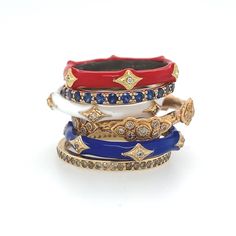 14K Rose Gold and Sterling Silver Crivelli Stack Band in Royal Blue Enamel with Champagne Diamonds (0.04 TCW) Armenta Jewelry, Metal Jewelry Handmade, Stack Rings, Wrap Bangles, Diamond Stacks, Turquoise Drop Earrings, Ring Stack, Beaded Cuff, Enamel Bracelet