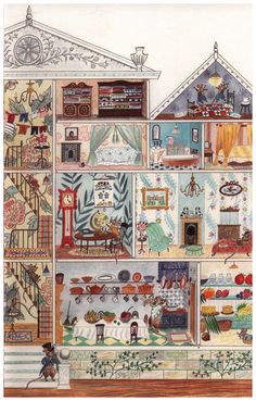 a drawing of a doll house with furniture and decorations on the front, inside and out