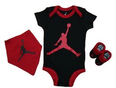 New in Box. 3 Piece Nike Air Jordan Infant Gift Set  - includes a Bandana Bib with Velcro Closure, 1 Pair of Booties, and a Short Sleeved Bodysuit /Onesie • Size 6-12 Months • Black / Red • Embroidered Logo on Booties Fast Shipping from North Carolina. Stored in a Smoke Free Environment. *Colors may appear differently on computer monitors due to brightness settings. Our pictures are not edited with any filters.  Store Policy Please review the item details carefully BEFORE you place your order.  Make sure it is the correct size / color and PLEASE enter the correct address. We may not be able to cancel your order. We do not accept returned items that have been opened / tried on. Tags must still be attached. If you have any questions, please contact us first. Our store hours are Monday - Sund Jordan Clothes, Air Jordan Outfit, Nike Air Jordans Outfit, Jordan Outfit, Jordan Ones, Baby Fits, Newborn Essentials, Post Baby, Matching Hat