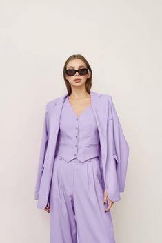 Lilac Woman Blazer, Women Pantsuit, Lavender Blazer, Party Suit, Birthday Suit, Palazzo Suit, Bridesmaid Outfit, Wedding, Birthday, Party ⭐Size: Please write your chest, waist, hips, height, and we will make a suit to your individual measurements! After you place your order, we may ask you for additional measurements. We do this to ensure that the suit fits you perfectly👌😊 ⭐Our fabric: We have used a premium quality suiting fabric.  ⭐Shipping: ✈️We have two shipping options that we can offer: Cocktail Party Suit For Women, Spring Purple Fitted Suits, Elegant Lavender Party Sets, Spring Party Suit In Solid Color, Spring Wedding Purple Sets, Purple Wedding Sets For Spring, Spring Purple Formal Suit, Formal Purple Sets For Spring, Sleeveless Purple Party Set