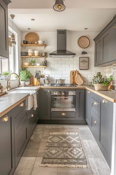 a kitchen with gray cabinets and white tile flooring is pictured in this image, there are plants on the counter