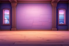 an empty room with two windows and a wooden floor in front of a purple wall